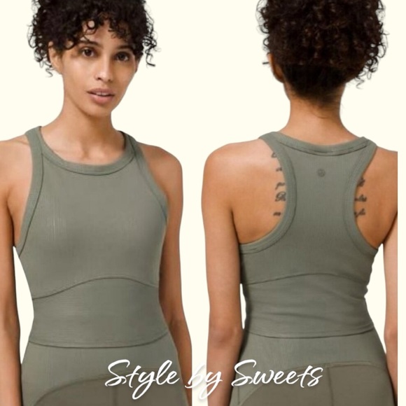Lululemon Blissful Bend Tank Top Distressed Stripe Emboss Army Green Grey Sage - Picture 2 of 7